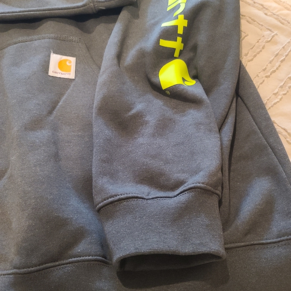 Carhartt Dark Gray Hoodie with Neon Yellow Sleeve Logo. H-5 - Picture 2 of 5